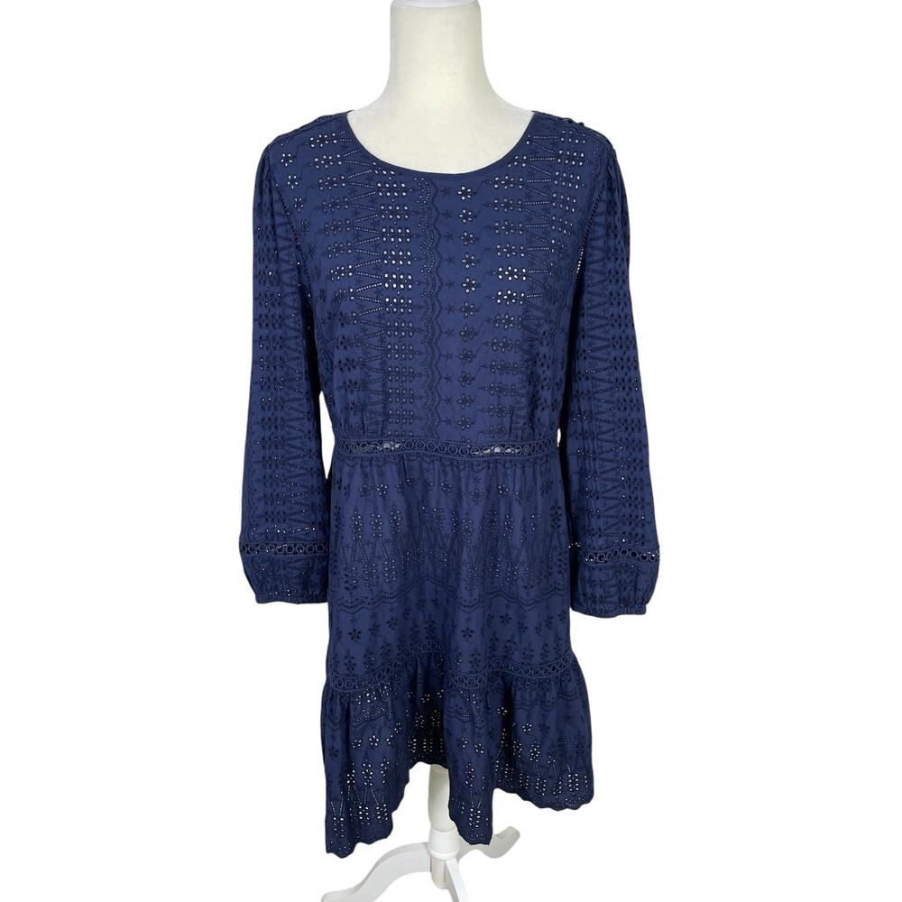 J. Crew Cotton Eyelet Lace Flutter Hem Dress Navy Blue Sz 12 Boho Chic Romantic